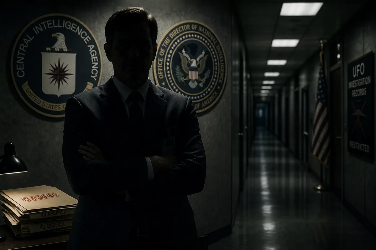 Una figura en sombras en un corredor gubernamental con sellos de la CIA y ODNI en la pared