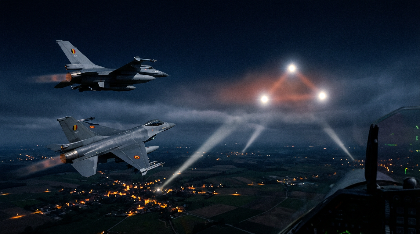Illustration of two Belgian Air Force F-16 fighters pursuing a triangular formation of bright lights through the night sky over Belgian towns
