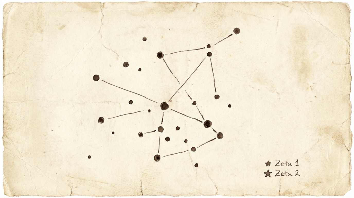 Illustration of Betty Hill's hand-drawn star map, showing dots connected by lines on aged paper with Zeta 1 and Zeta 2 labeled