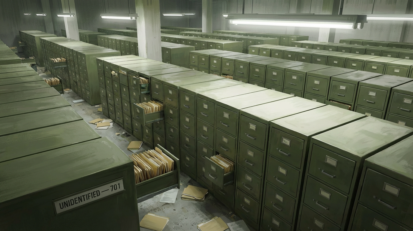 Rows of olive-green military filing cabinets in a large warehouse room, one drawer labeled UNIDENTIFIED — 701, representing the scale of the 12,618 Blue Book case files