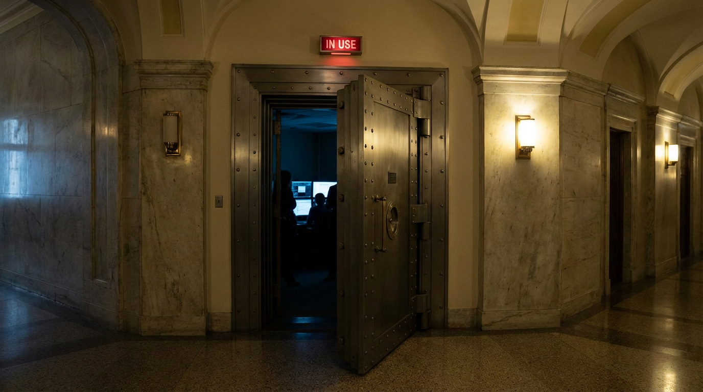 A secure SCIF door in a Capitol corridor, partially open with a red "IN USE" light glowing above