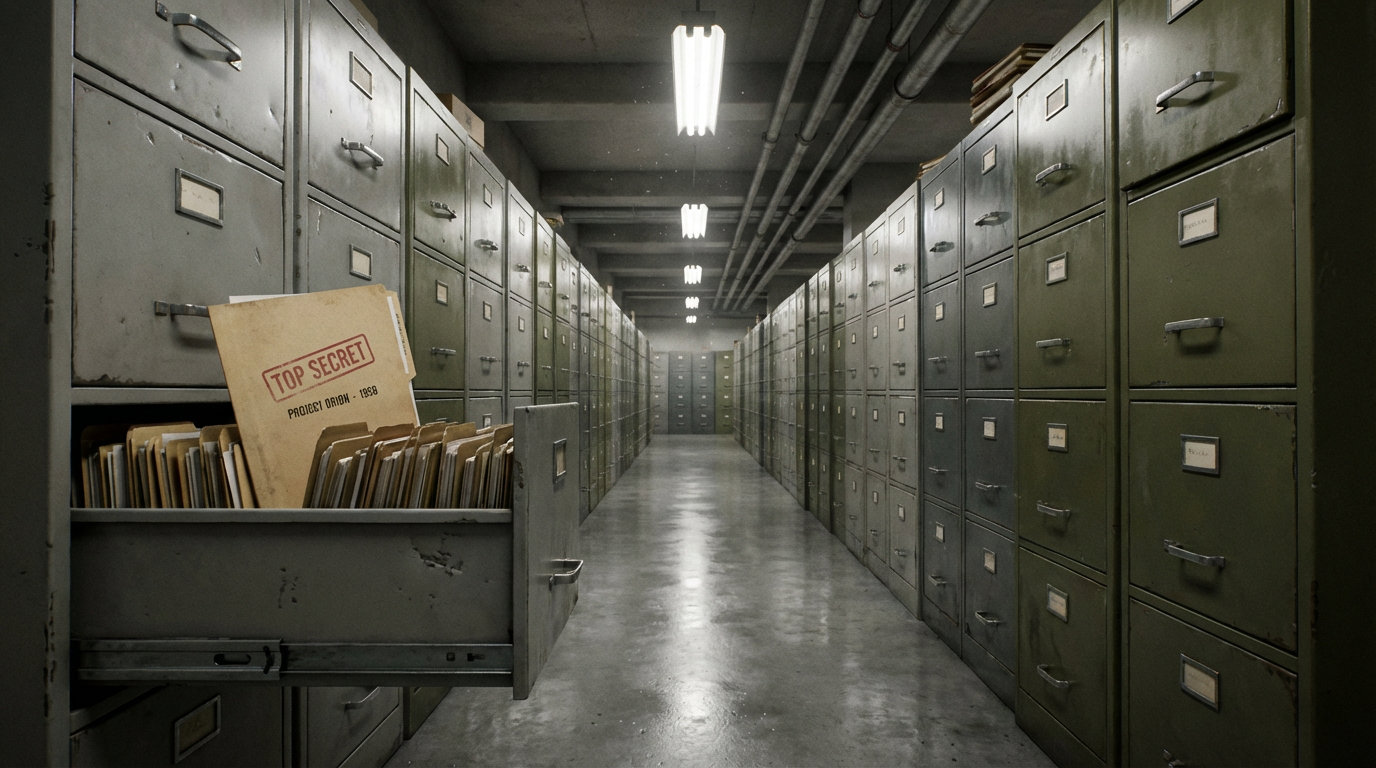 A Cold War–era government document archive with rows of metal filing cabinets under fluorescent lighting