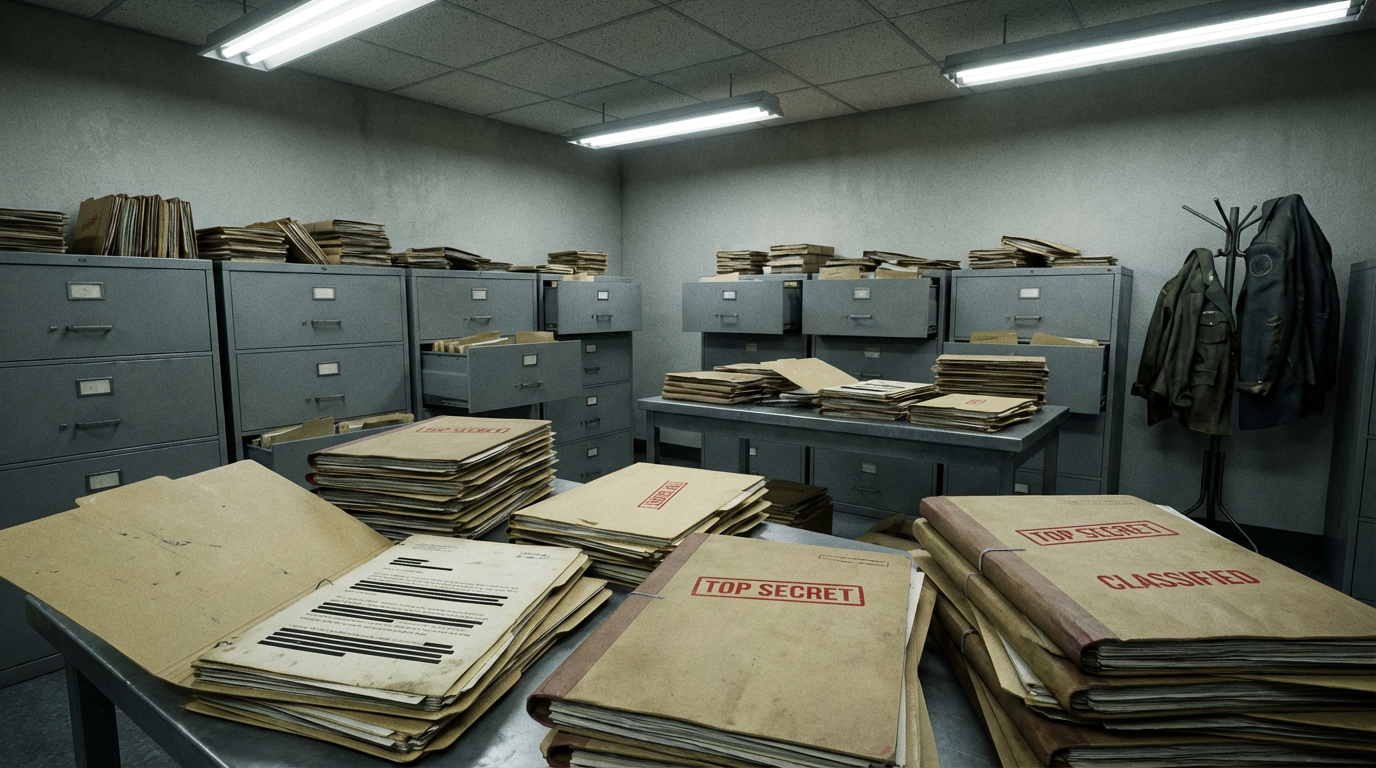 Classified folders and redacted documents stacked in a government filing room