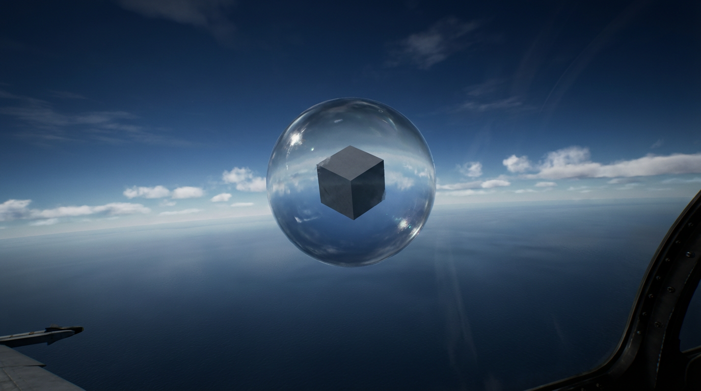 Illustration of the cube-in-sphere unidentified object described by Navy pilots near Virginia Beach, viewed from a nearby military aircraft at altitude