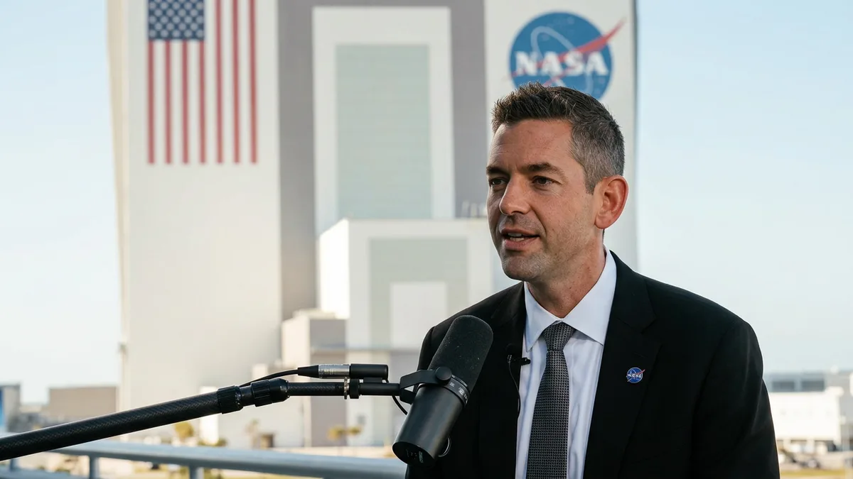 Sean Duffy in a suit with a NASA lapel pin speaks into a boom mic in front of the Vehicle Assembly Building at Kennedy Space Center; The Benny Show logo in frame