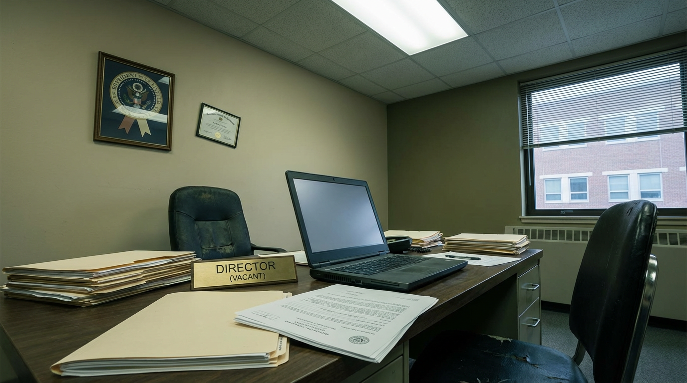 An empty government office with a vacant director's nameplate — conveying AARO's leadership turnover