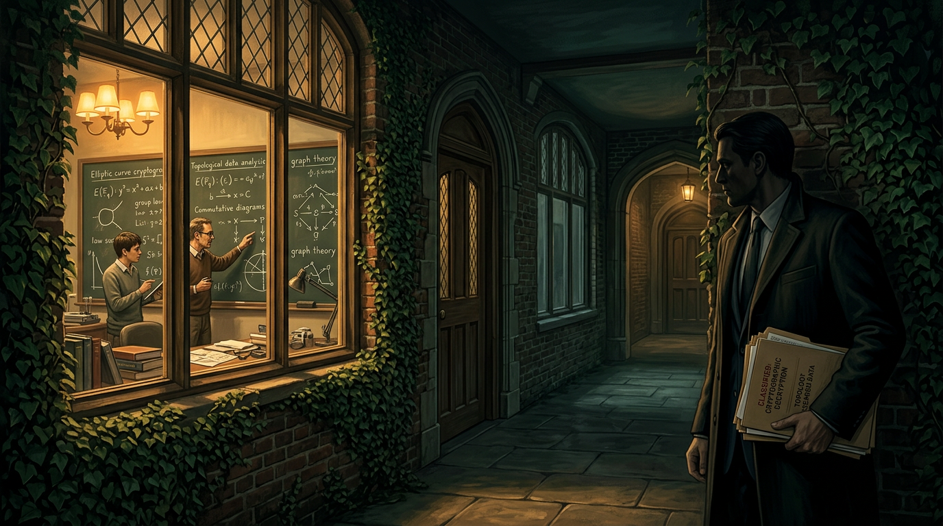 A shadowy figure observes through a window as a mathematician works at a chalkboard covered in equations – representing Epstein's infiltration of elite academic institutions