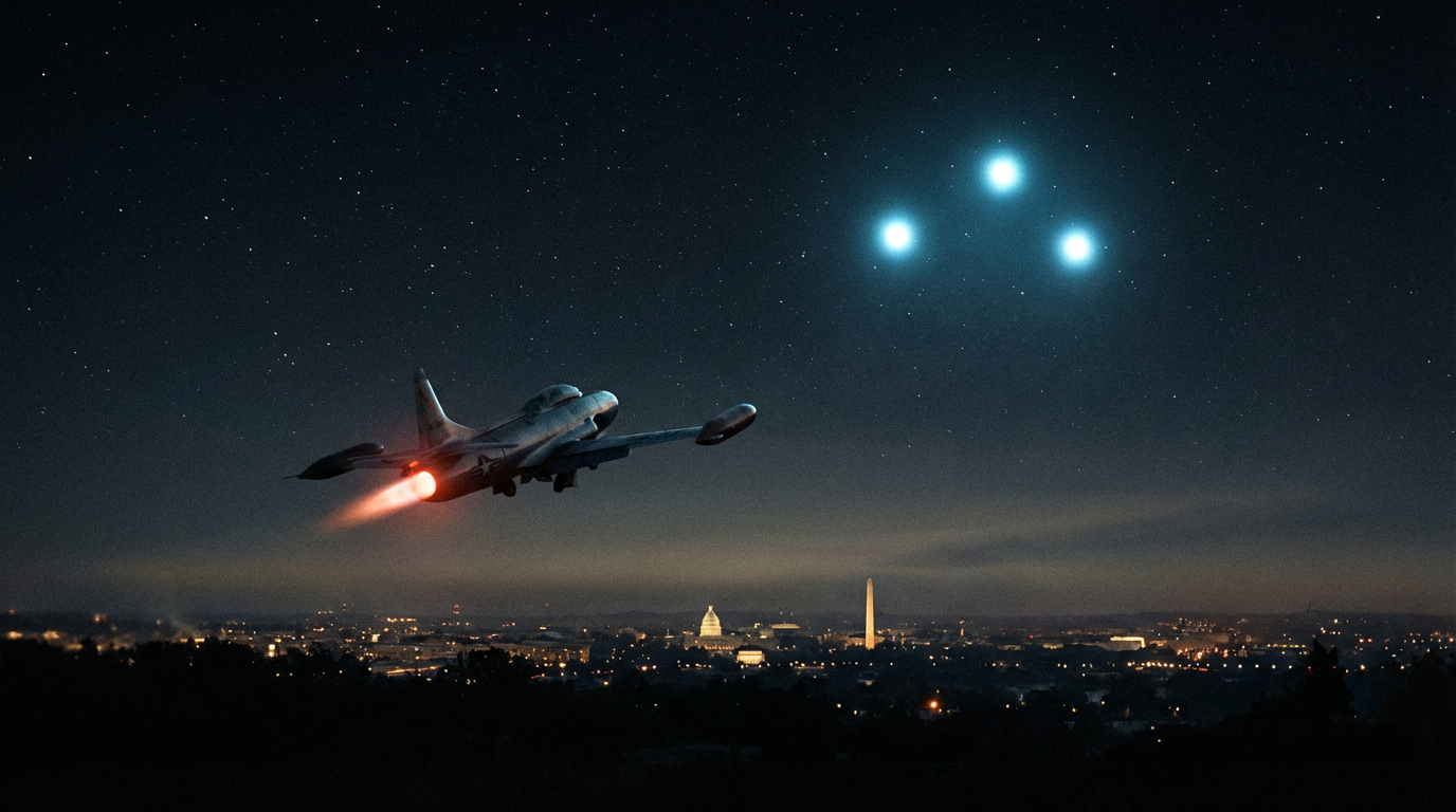 Illustration of an F-94 Starfire interceptor climbing into the night sky over Washington D.C. while distant unidentified lights hover beyond reach