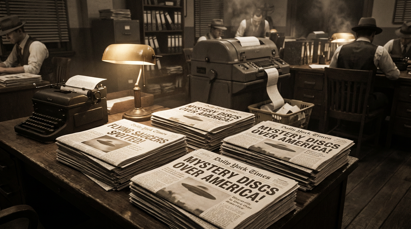A 1947 newsroom with stacks of newspapers carrying headlines about mystery discs, a typewriter, and an AP wire machine