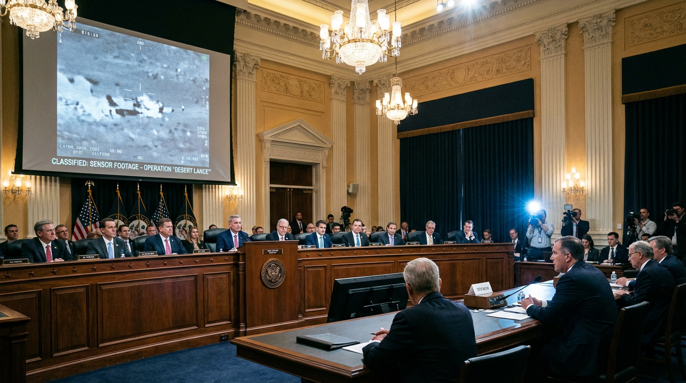 A congressional hearing room with infrared sensor footage displayed on a large screen beside the committee dais
