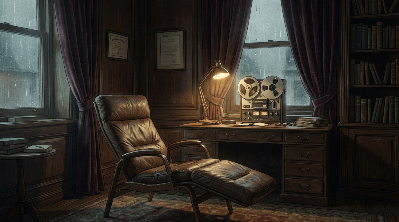 Illustration of a 1960s psychiatrist's office with a leather reclining chair and reel-to-reel tape recorder, evoking the setting of Dr. Simon's hypnosis sessions