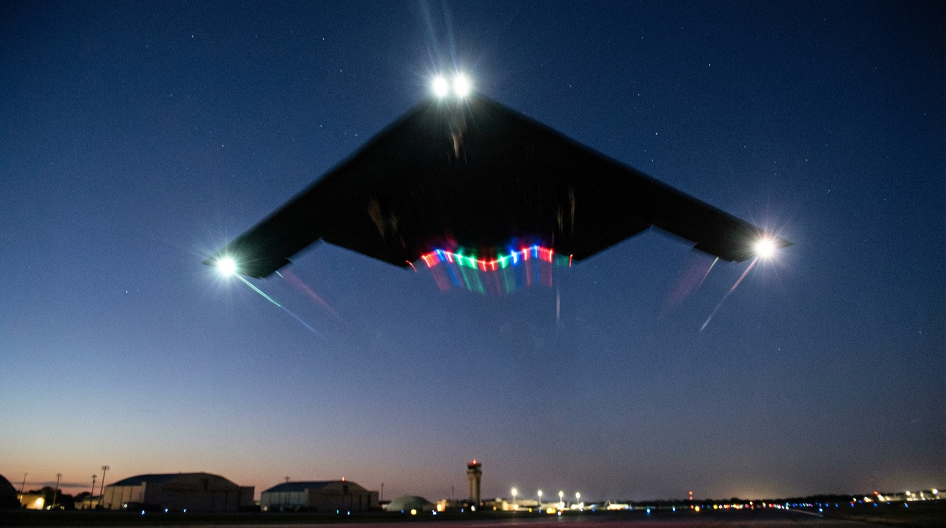 Illustration of a V-shaped craft with bright white lights and multi-colored rear lights seen from below against a pre-dawn sky, with Scott Air Force Base visible in the background