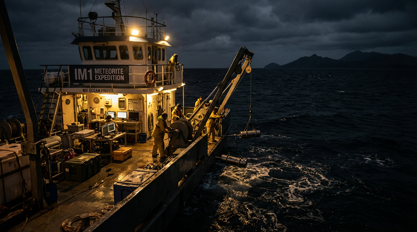 A research vessel at sea during the IM1 meteorite expedition, with scientific equipment being lowered into dark Pacific waters
