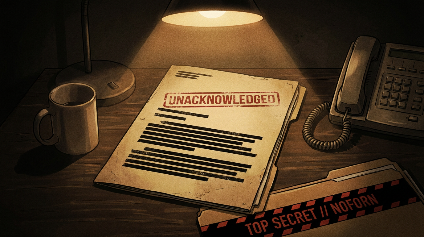 Illustration of a classified document stamped as unacknowledged, sitting under a desk lamp in a dark government office