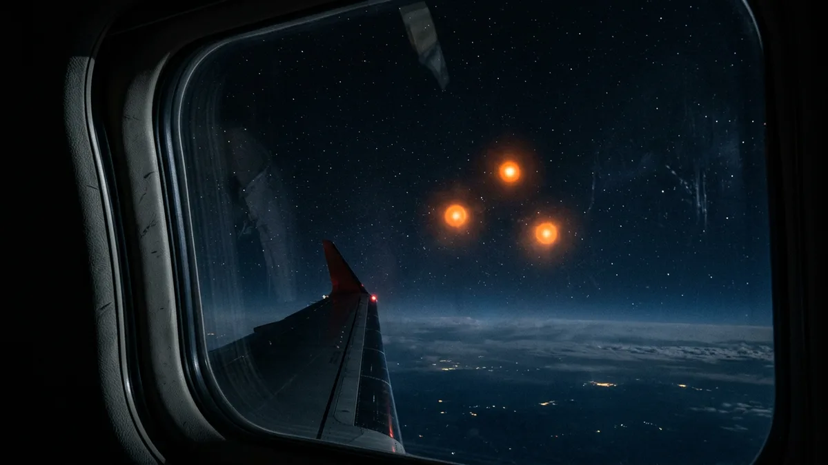 Three orange orbs seen through an aircraft window at high altitude