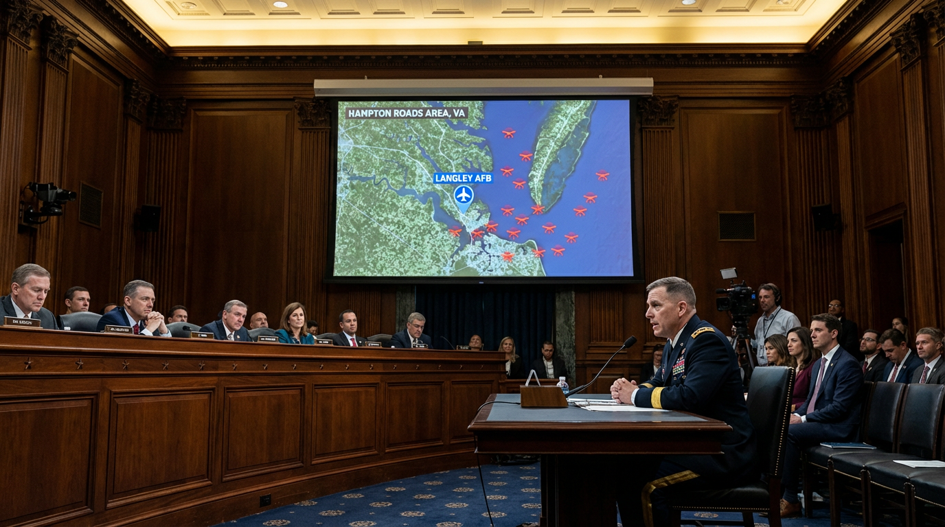A congressional hearing room with a military officer testifying about drone incursions at U.S. military installations