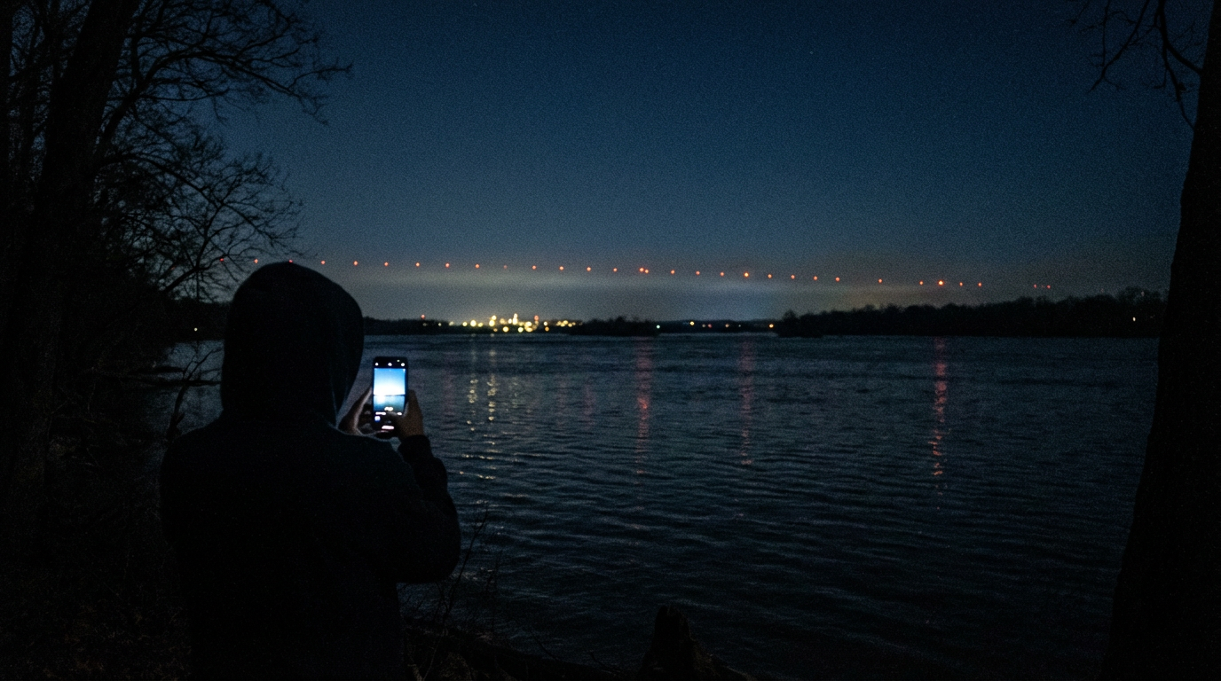 Civilian view from the James River at night showing a line of reddish-orange drone lights approaching Langley Air Force Base across the water