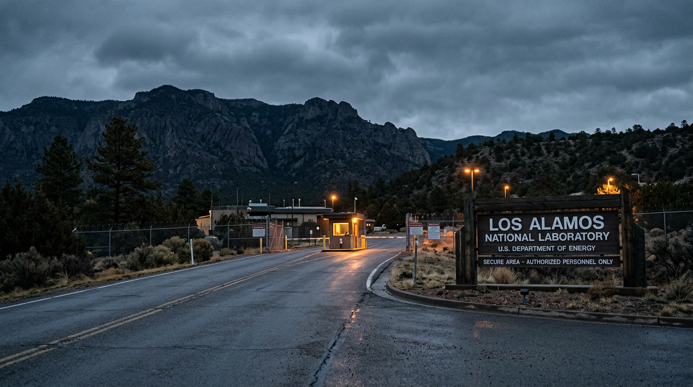 The entrance to Los Alamos National Laboratory at dusk – one of several defense aerospace facilities connected to the pattern
