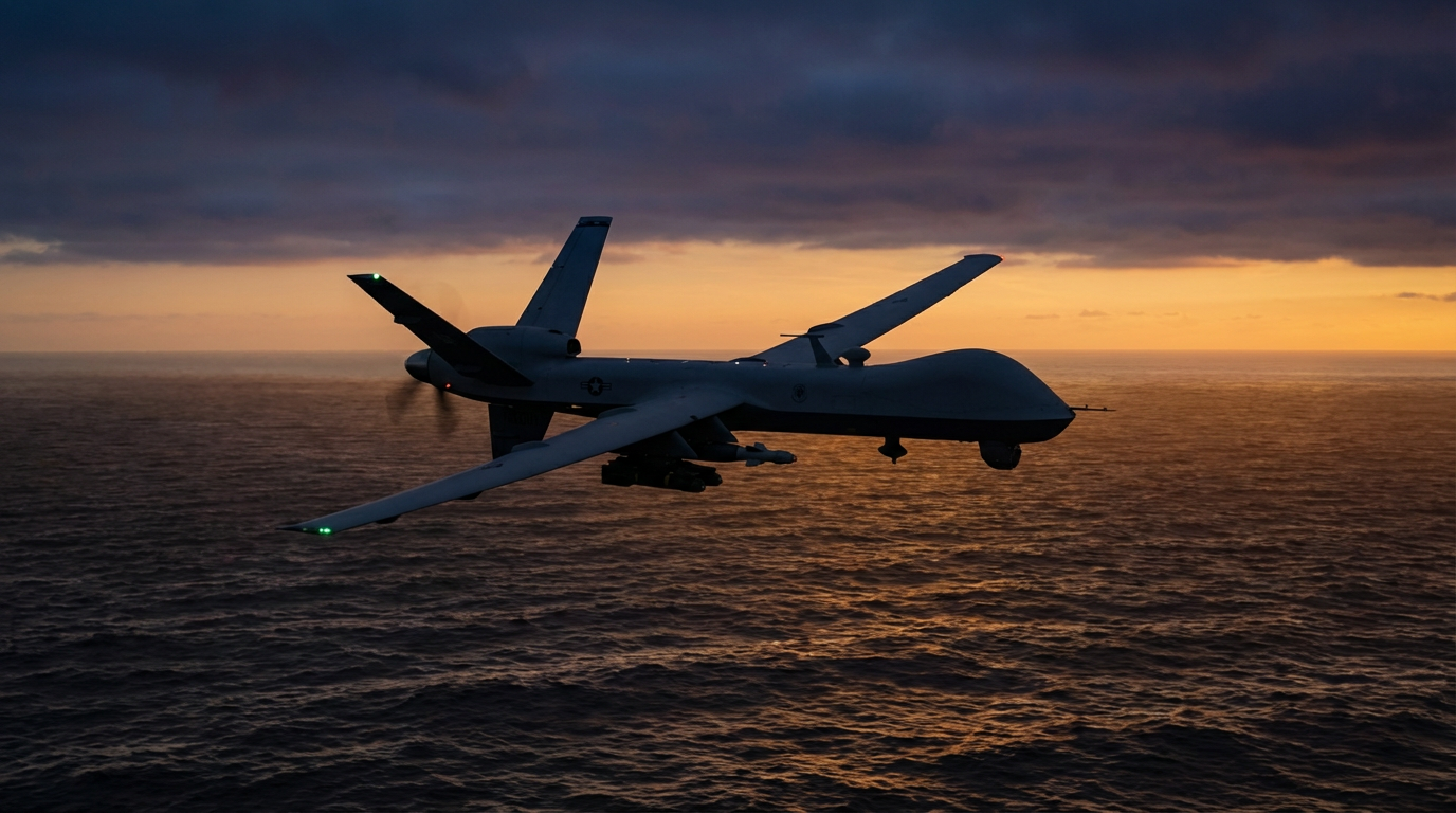 An MQ-9 Reaper drone flying over dark ocean waters at dusk off the coast of Yemen