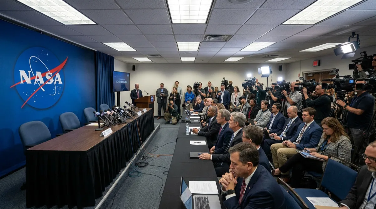 Sala de imprensa da NASA cheia de jornalistas e câmeras durante o anúncio do relatório da Equipe de Estudo Independente sobre UAP