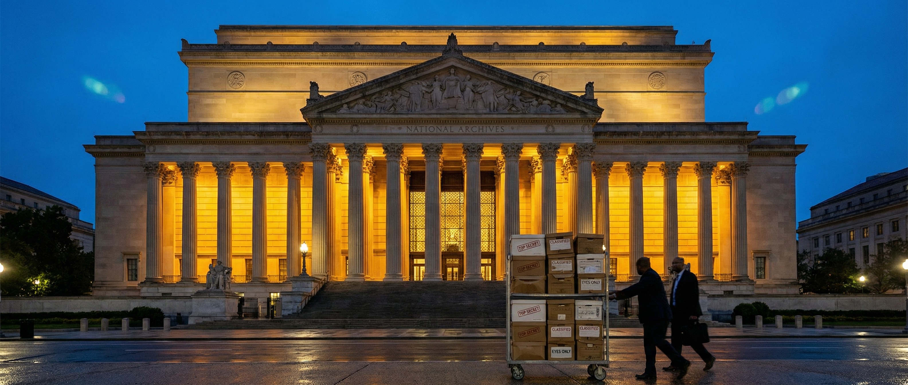 The National Archives building in Washington DC at dusk, with document boxes being wheeled toward the entrance