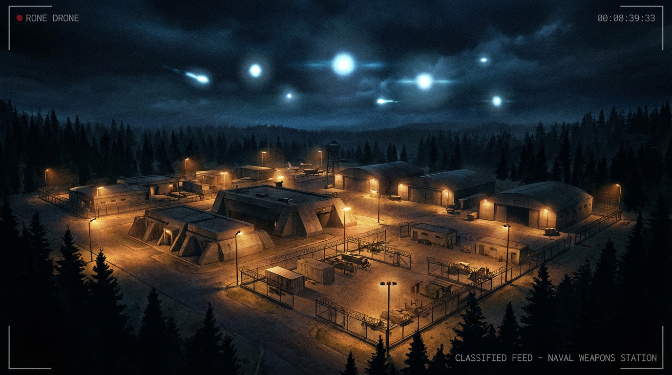 Illustration of unidentified lights over a military installation at night, depicting the drone incursions reported at Naval Weapons Station Earle