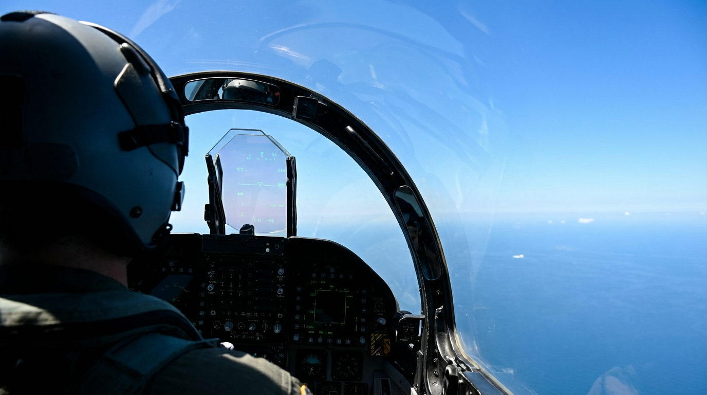 View from a Navy F/A-18 cockpit over open ocean — the perspective of military aviators who report UAP encounters