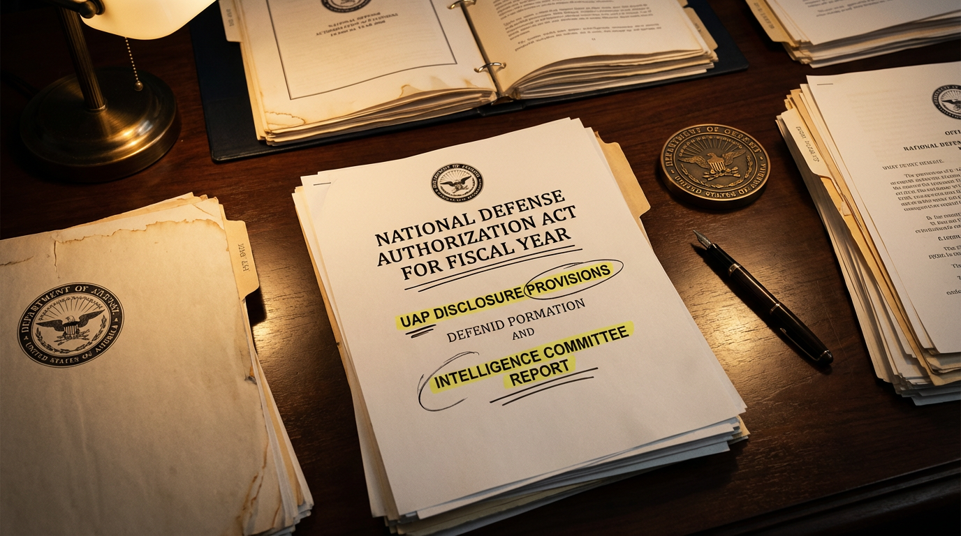 NDAA legislation and UAP disclosure documents on a congressional desk