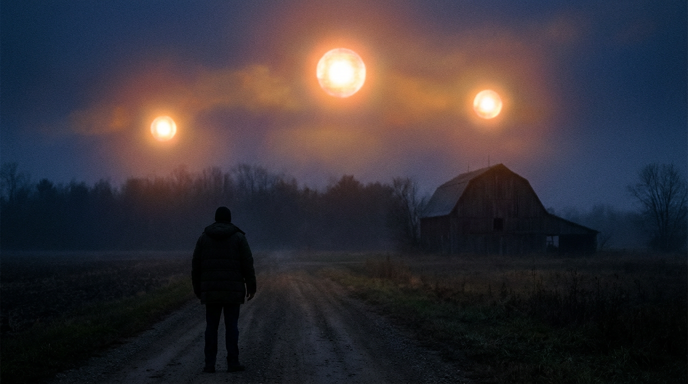 Glowing orbs hover over a rural American landscape at dusk