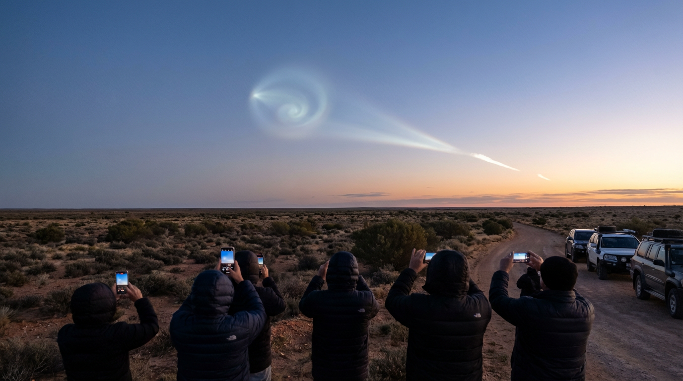 Onlookers in the South Australian outback film a mysterious spiral glow at dawn