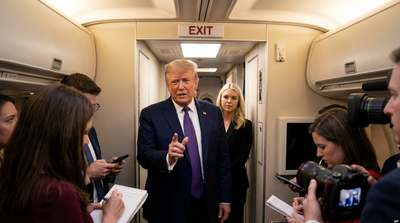 President Trump speaks to reporters aboard Air Force One about his directive to release UFO files, with press secretary Karoline Leavitt behind him