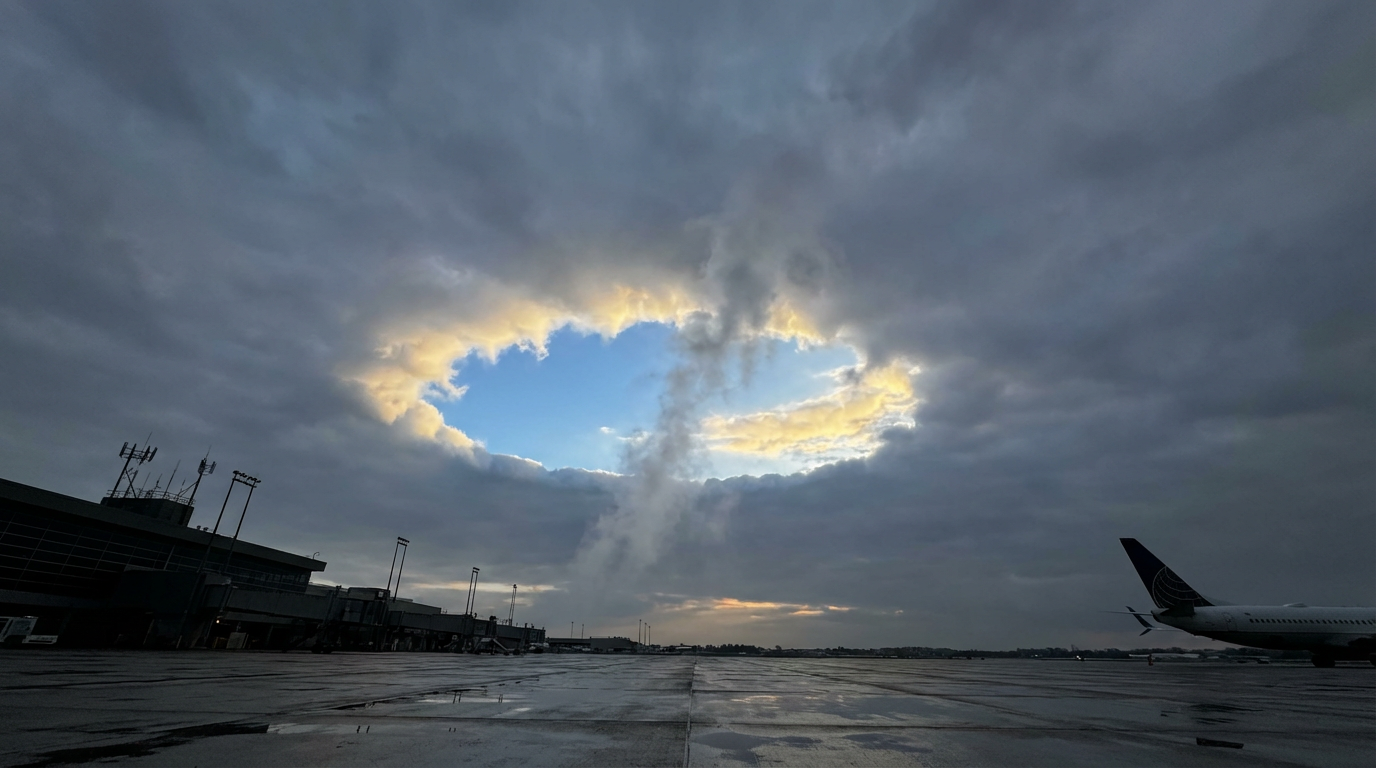 Illustration of the circular hole punched through the overcast cloud layer above O'Hare airport after the object departed upward