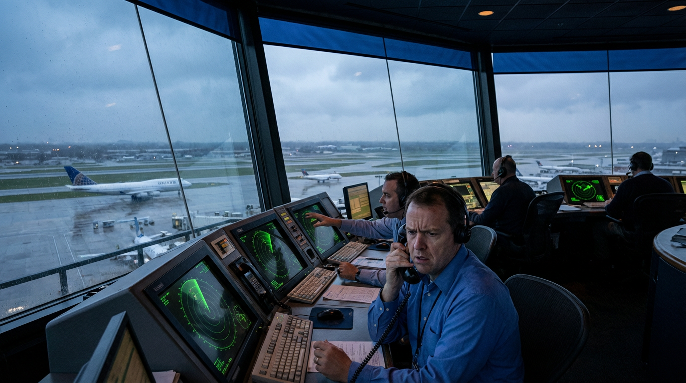 Illustration of air traffic controllers in the O'Hare tower receiving the unusual report about an unidentified object over Gate C17