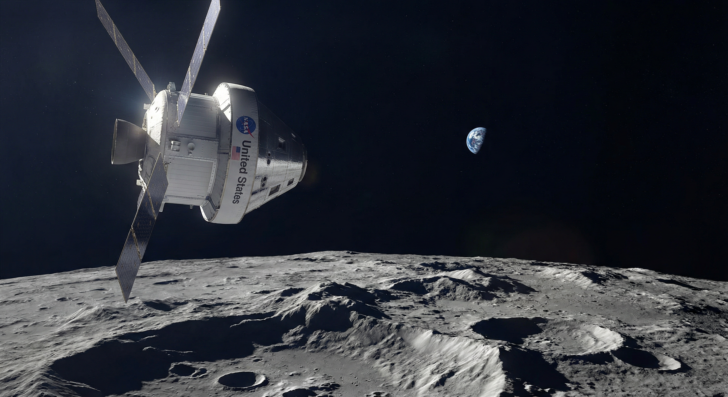 Illustration of NASA's Orion spacecraft approaching the Moon with Earth in the background