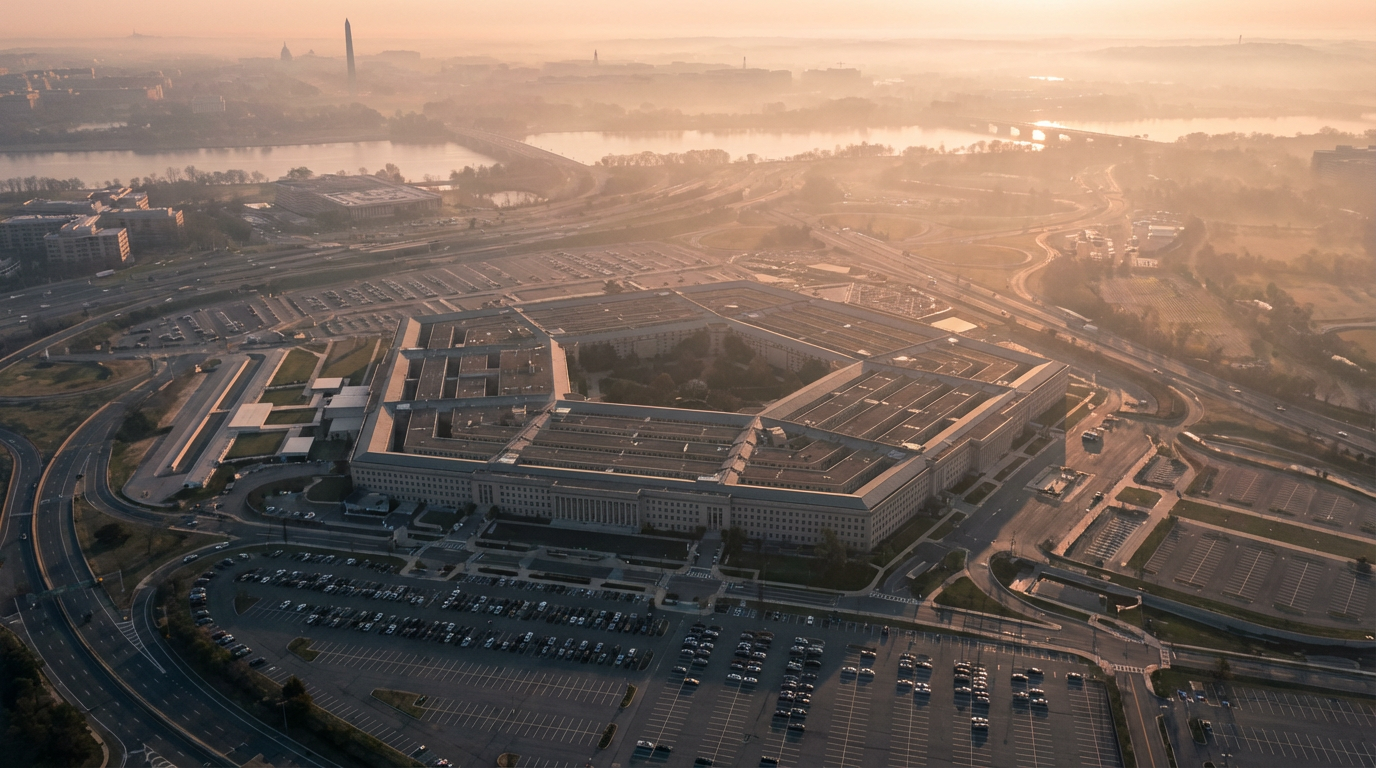 Aerial view of the Pentagon at dawn, shrouded in light fog