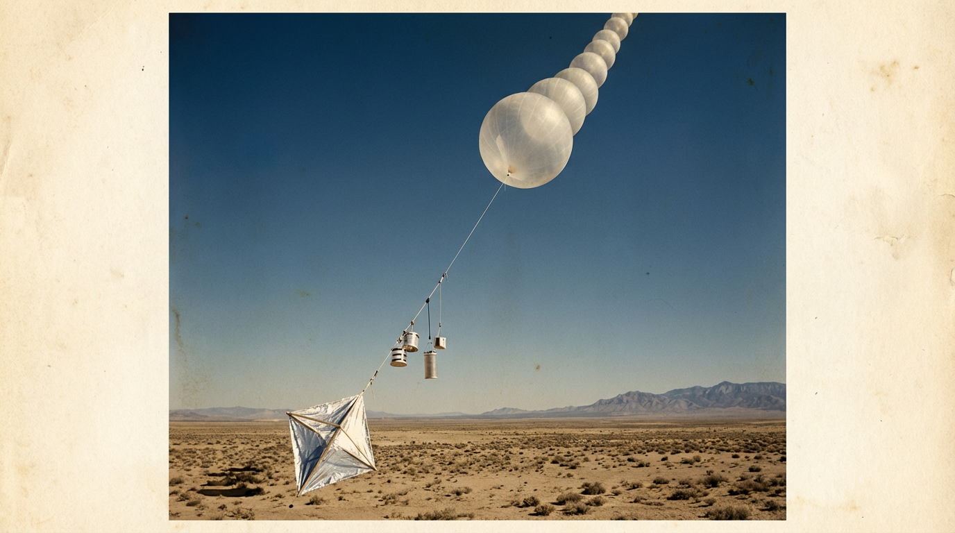 Illustration of a Project Mogul high-altitude balloon train with radar reflector ascending over the New Mexico desert