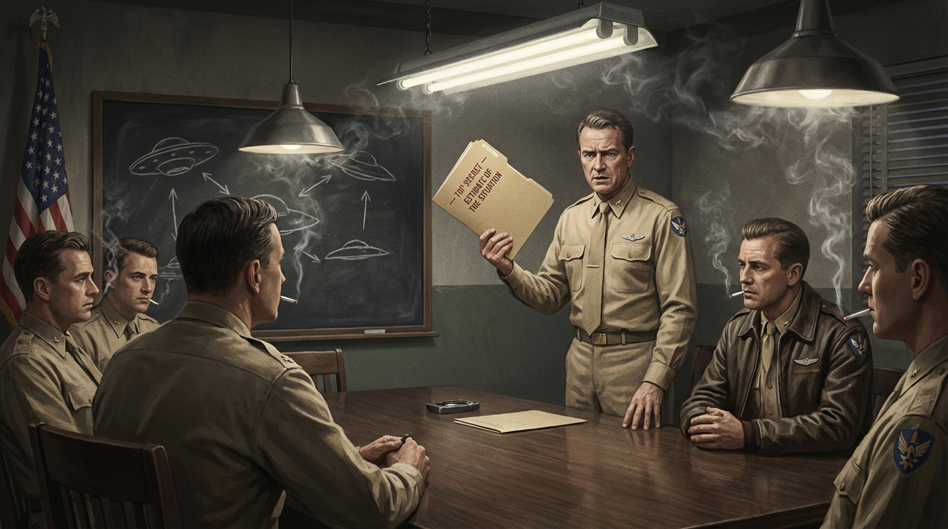 Illustration of Air Force officers in a 1948 briefing room, one holding the top-secret Estimate of the Situation document, with disc sketches on a chalkboard behind them