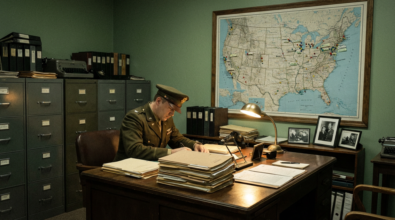 A 1940s military intelligence officer reviews stacks of UFO report folders at a desk, with a U.S. map pinned with sighting locations on the wall behind him