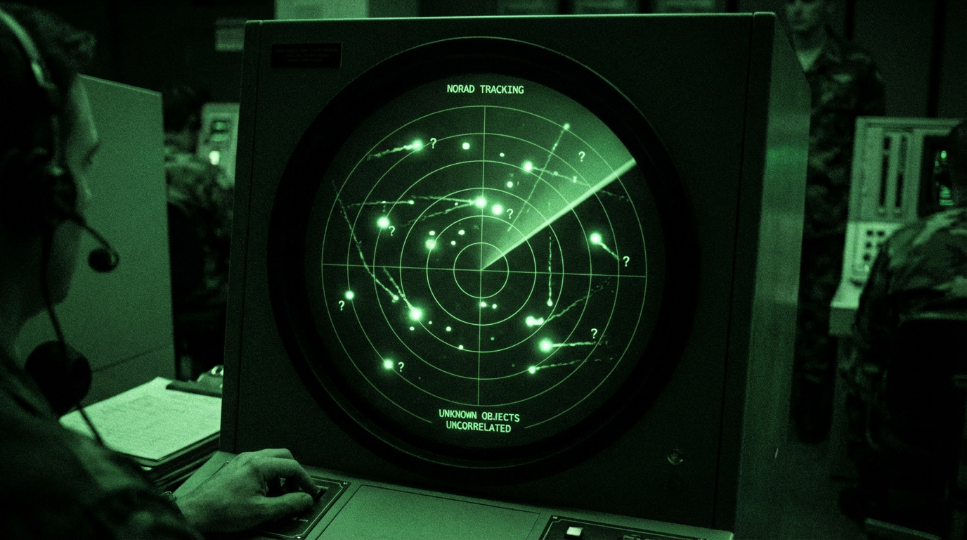 A NORAD radar display showing uncorrelated tracks — unknown objects that don't match any known aircraft