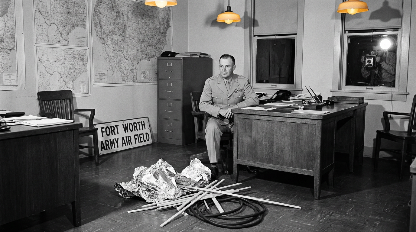 Illustration of a 1940s military officer in a Fort Worth office with weather balloon debris on the floor during a press briefing