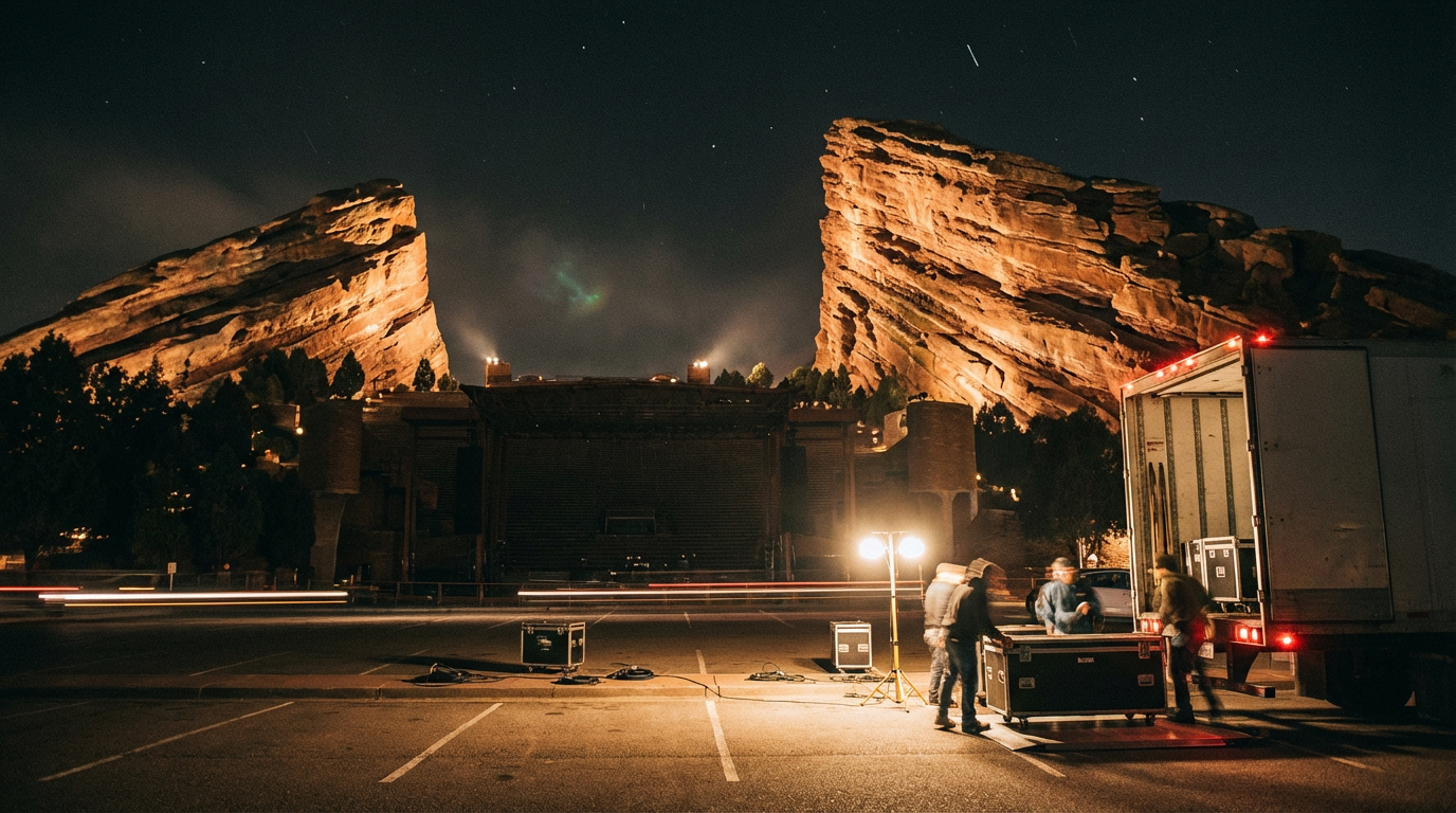 Red Rocks Amphitheatre at night during a post-concert load-out, with crew loading equipment into a truck