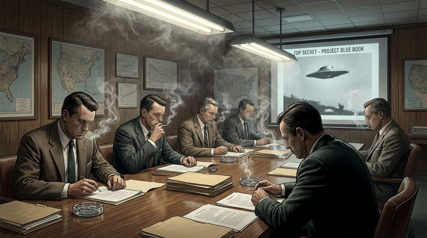Illustration of a 1950s CIA meeting room with officials reviewing UFO photographs — the Robertson Panel, January 1953