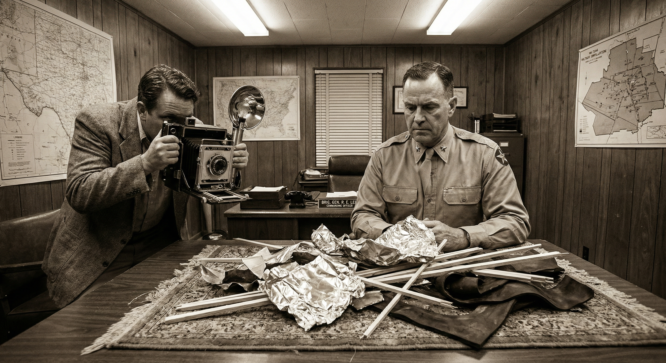 Illustration of the Fort Worth press conference – a military general sits behind a desk with foil-like debris and balsa-wood sticks while a photographer with a 1940s press camera documents the scene