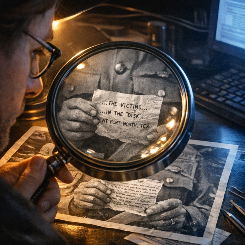 A researcher examines a magnified black-and-white photograph of a military officer's hand holding the famous Ramey memo, attempting to decipher the text under enhanced lighting