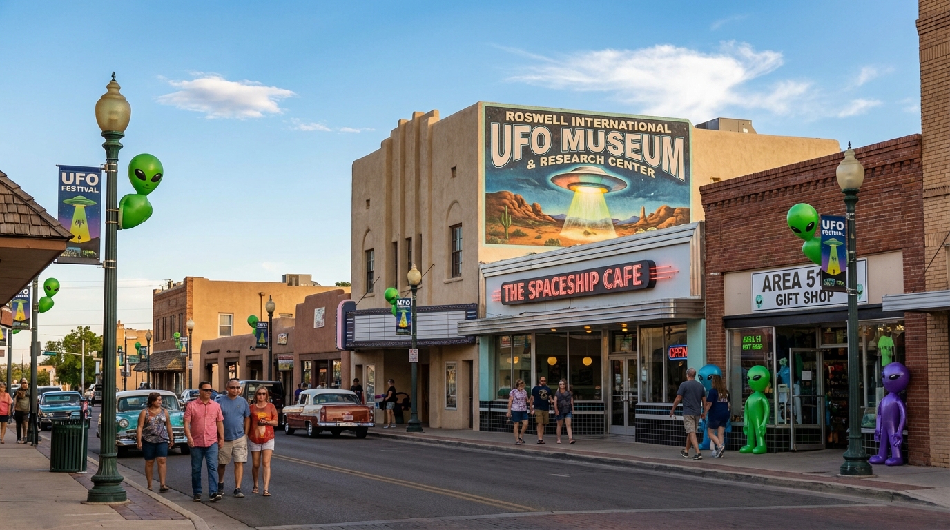 Illustration of Roswell, New Mexico's UFO-themed downtown with museums and alien decorations, showing the town's cultural transformation