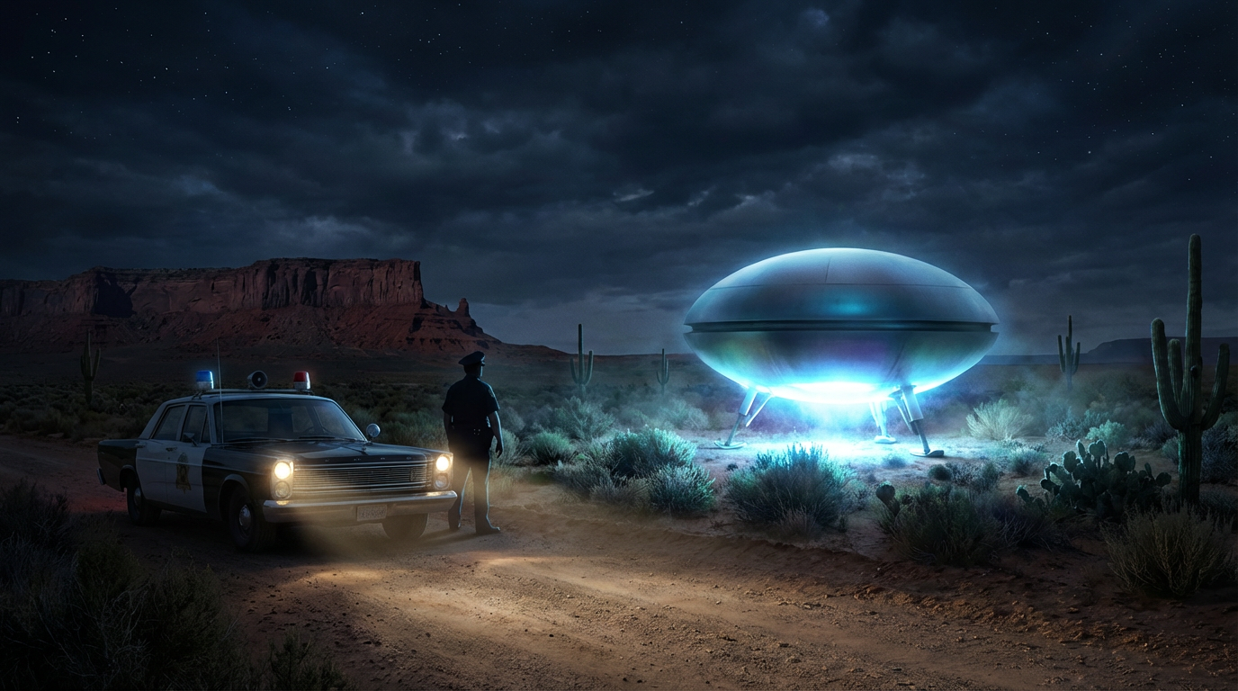 Illustration of Officer Zamora's encounter near Socorro, New Mexico — a police car with headlights on, a glowing egg-shaped craft on the desert floor at night, and a lone officer in silhouette