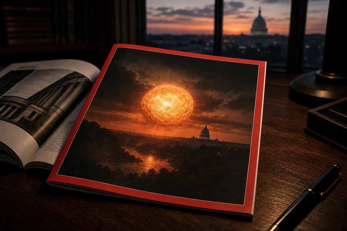 Revista TIME sobre mesa com orbe brilhante e Capitólio