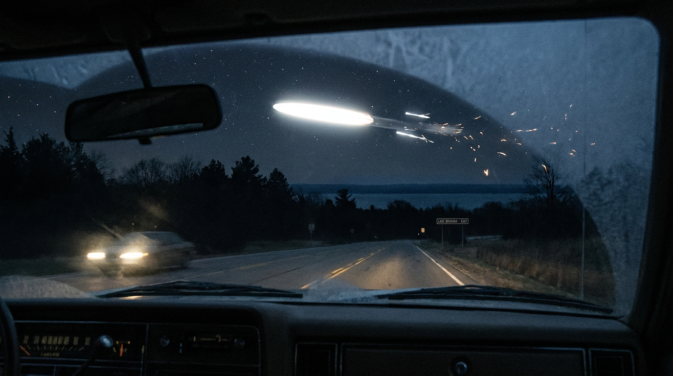 Illustration of trailing lights seen from Highway 42 heading toward Lake Michigan, December 2025