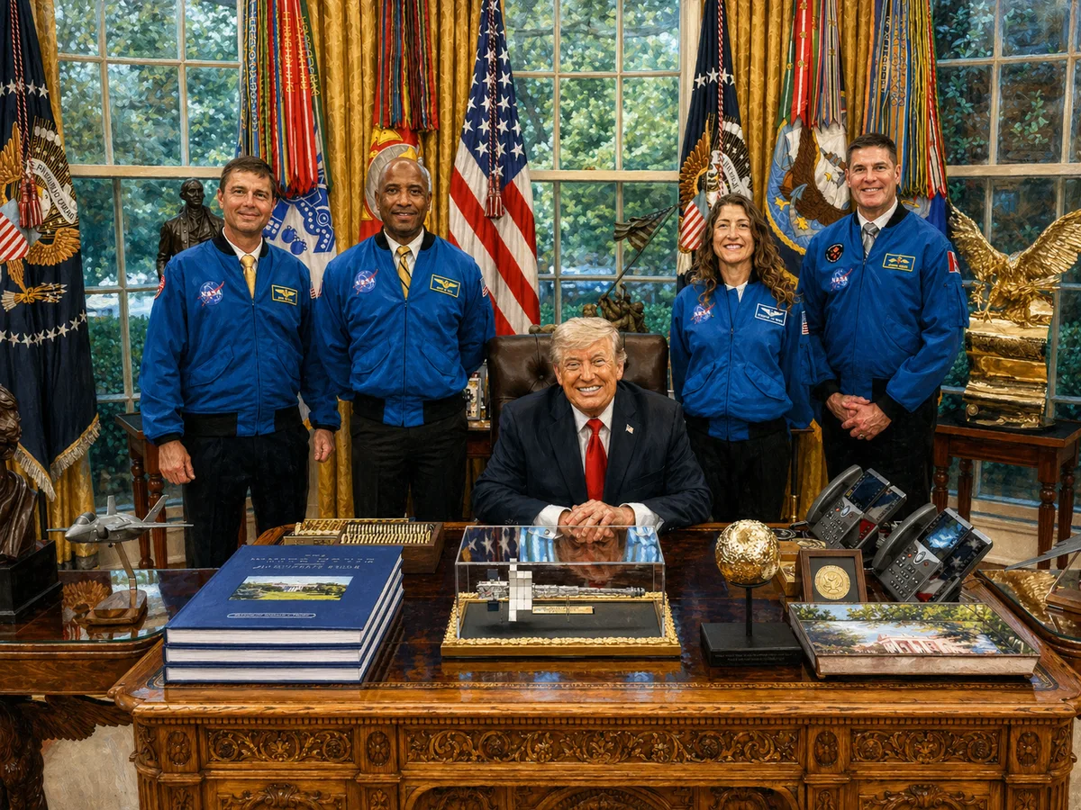 Trump hablando en el escritorio de la Oficina Oval con astronautas de Artemis II detrás de él