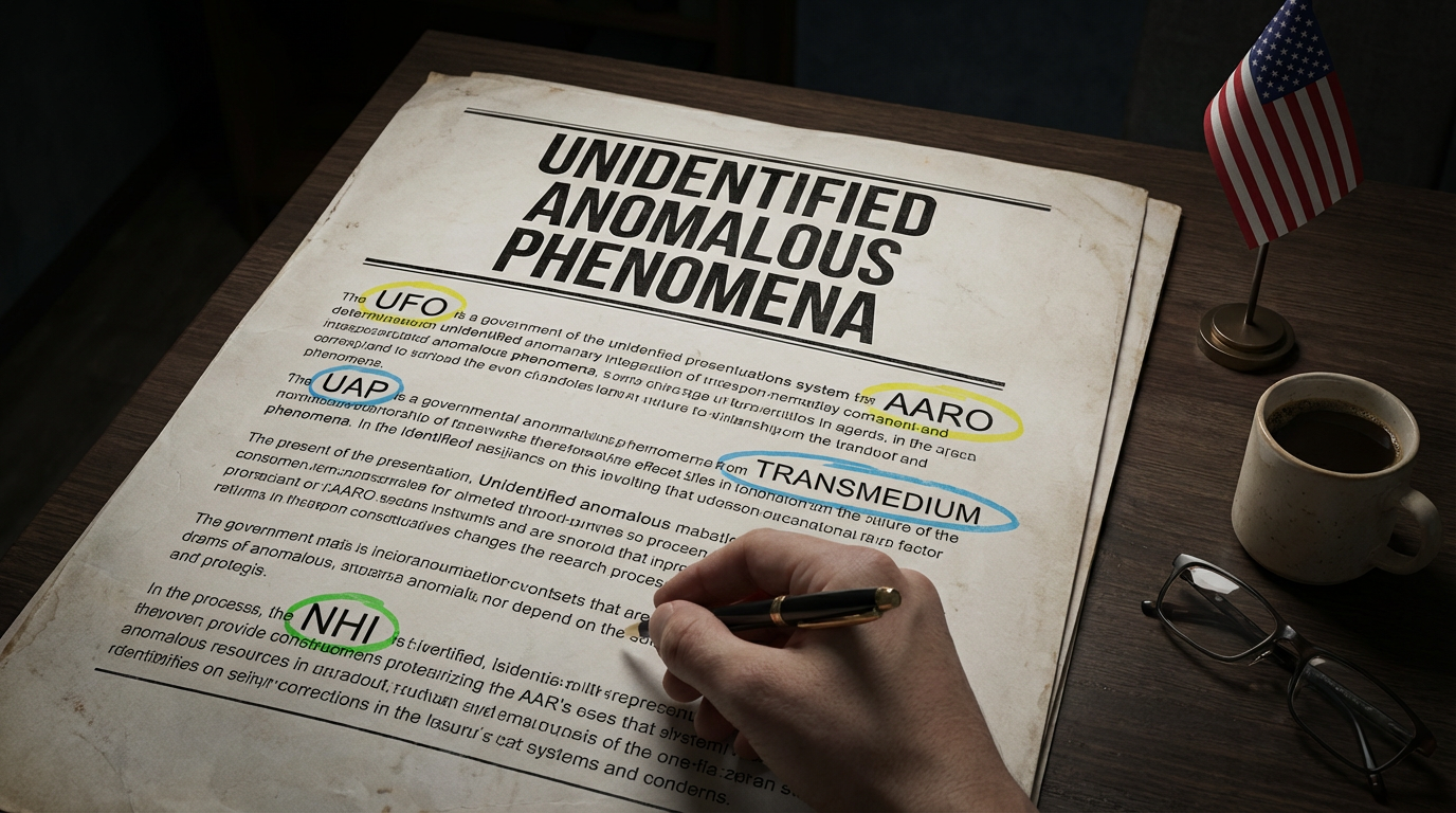 A government document titled 'Unidentified Anomalous Phenomena' with highlighted terms including UFO, UAP, NHI, AARO, and TRANSMEDIUM, spread across a desk with coffee and an American flag